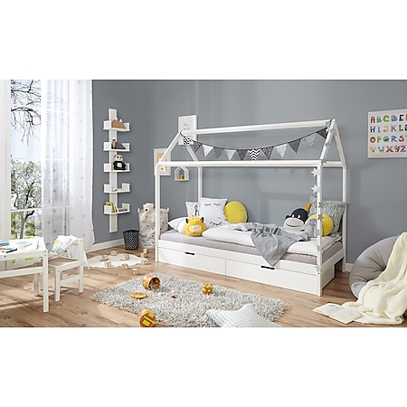 TiCAA Kinderbett Hausbett "Lina" mit Schubkästen 90x200 cm Kiefer weiß 