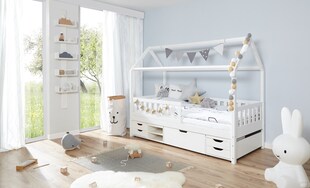 TiCAA Hausbett "Traumhaus" mit Funktionsschubkasten Kiefer Weiß 