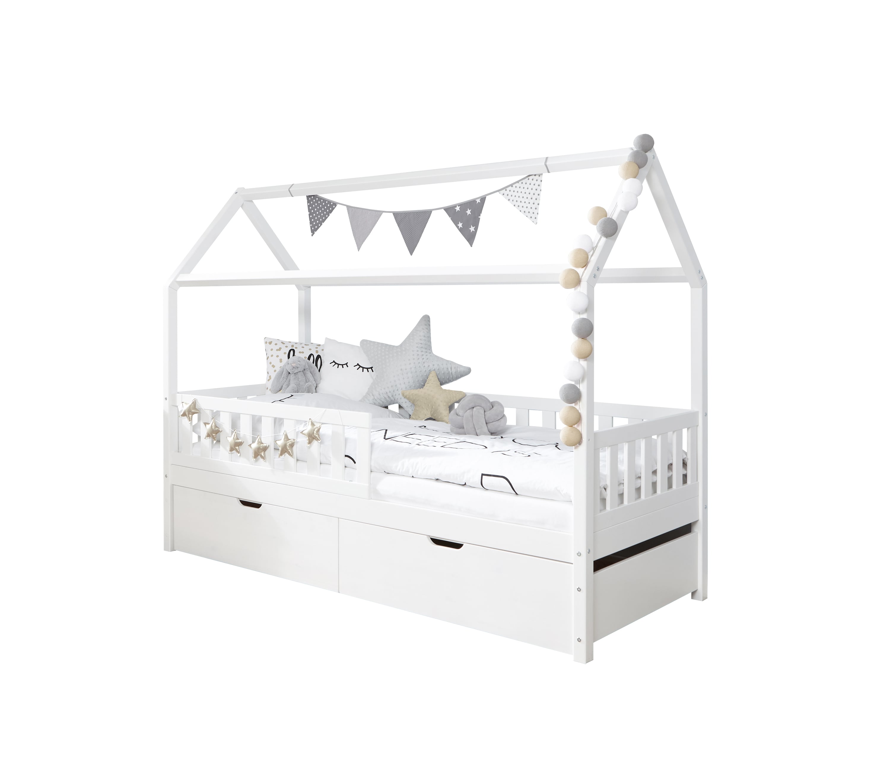 TiCAA Hausbett "Traumhaus" mit 2er Schubk&auml;sten Kiefer Wei&szlig; 