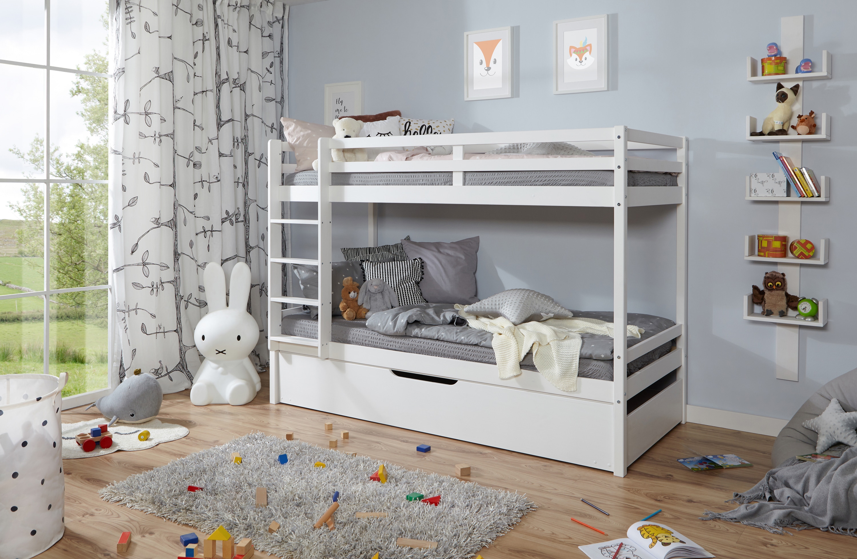 TiCAA Etagenbett Finn Wei&szlig; mit Zusatzbett 