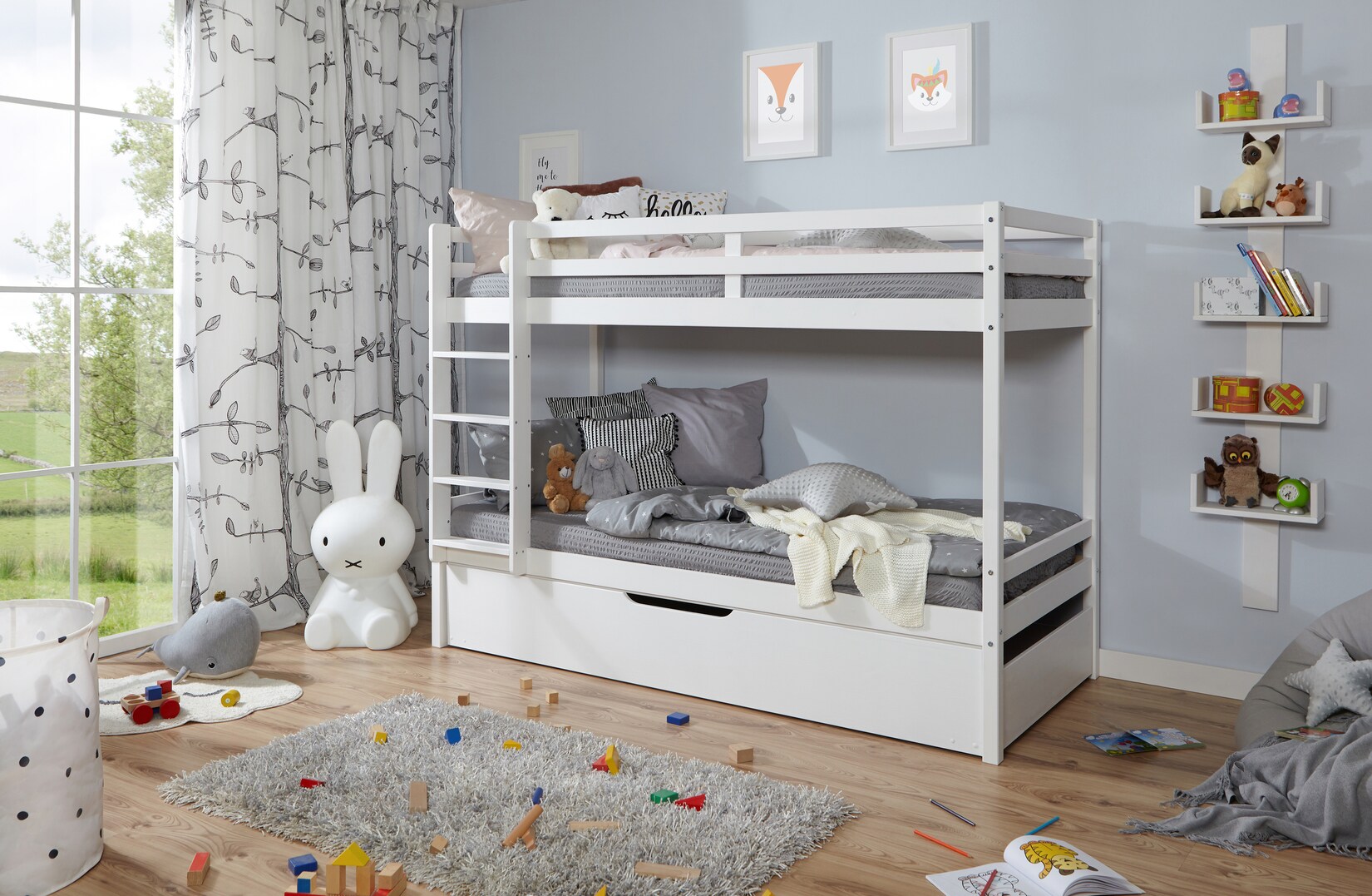 TiCAA Etagenbett Finn Weiß mit Zusatzbett