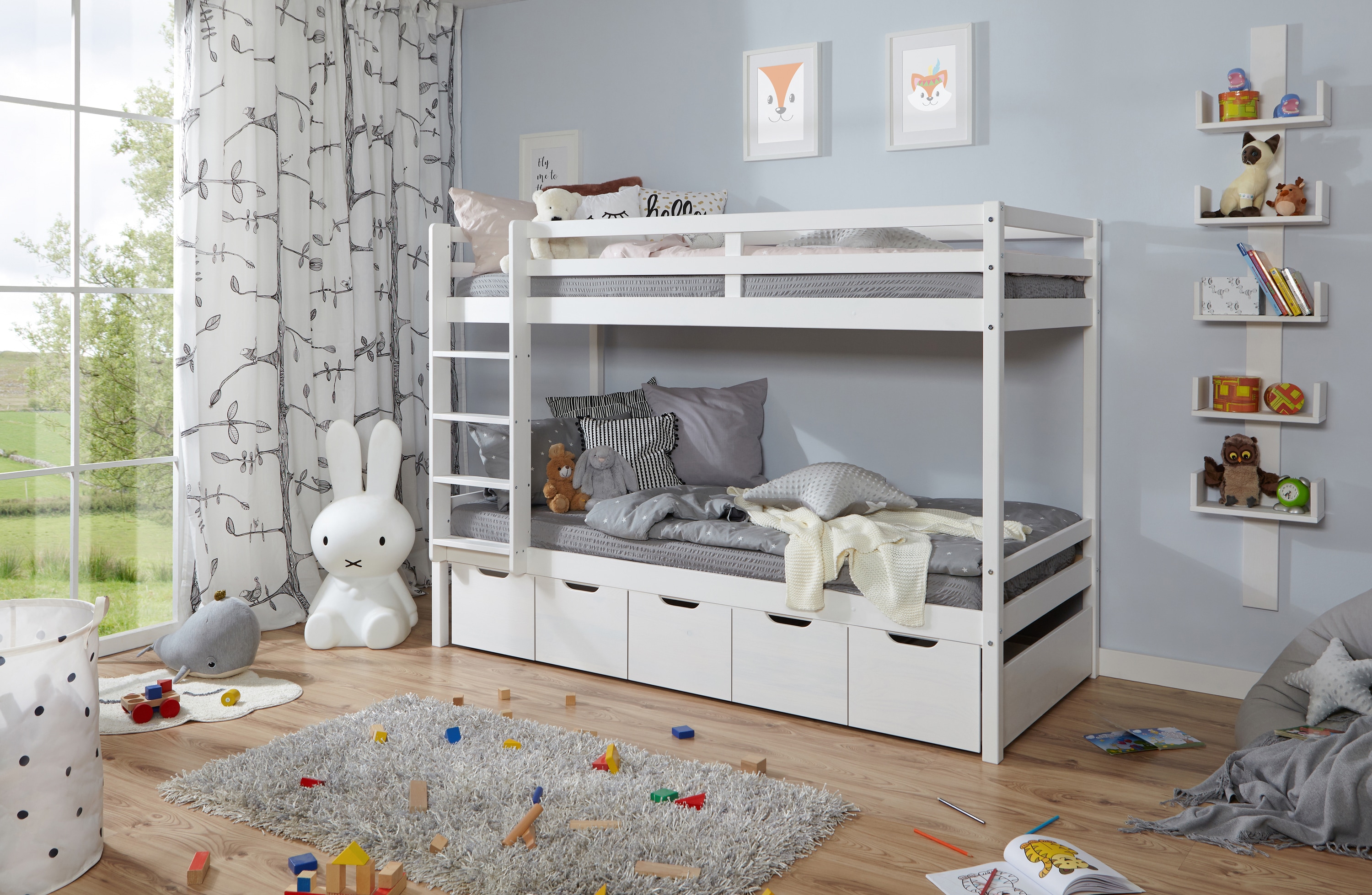 TiCAA Etagenbett Finn Wei&szlig; mit 5er Schubk&auml;sten 