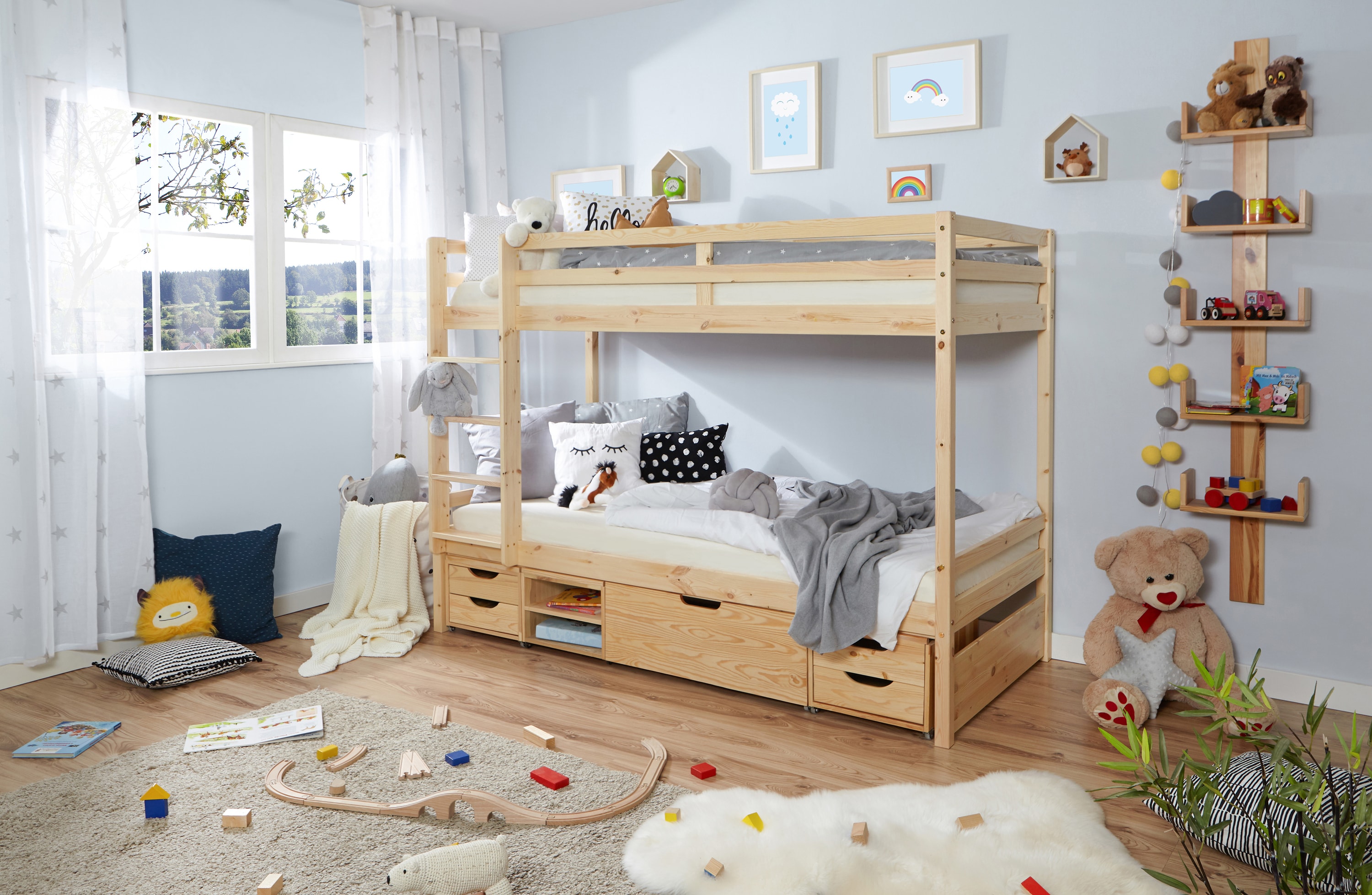 TiCAA Etagenbett Finn Natur mit 4er Funktionsschubkasten 