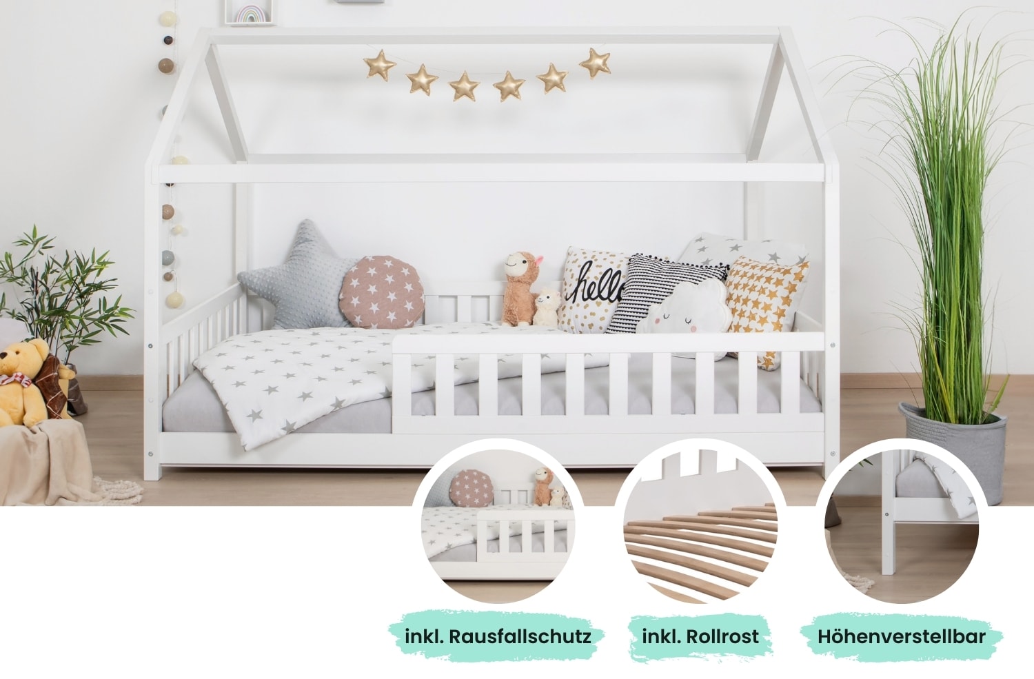 TiCAA Kinderbett Hausbett "Kay" 120x200 Kiefer wei&szlig; f&uuml;r Jungen & M&auml;dchen, inkl. Rolllattenrost, Rausfallschutz variabel, Montessori Bett wei&szlig; aus Kiefer Massivholz 