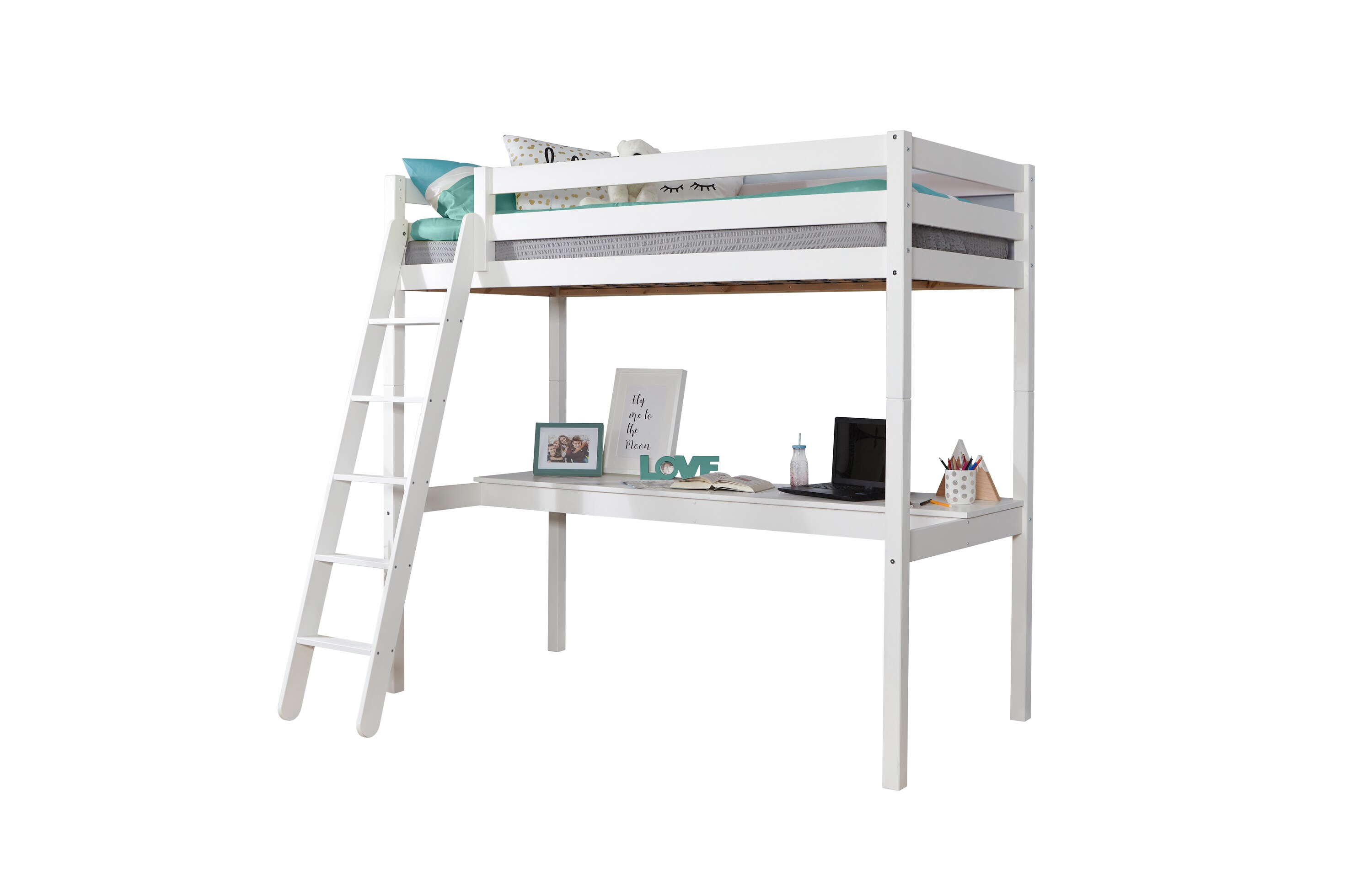 TiCAA Hochbett &bdquo;Felix&ldquo; mit Schreibtisch Kiefer massiv Wei&szlig; 