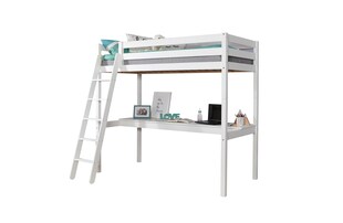 TiCAA Hochbett „Felix“ mit Schreibtisch Kiefer massiv Weiß 