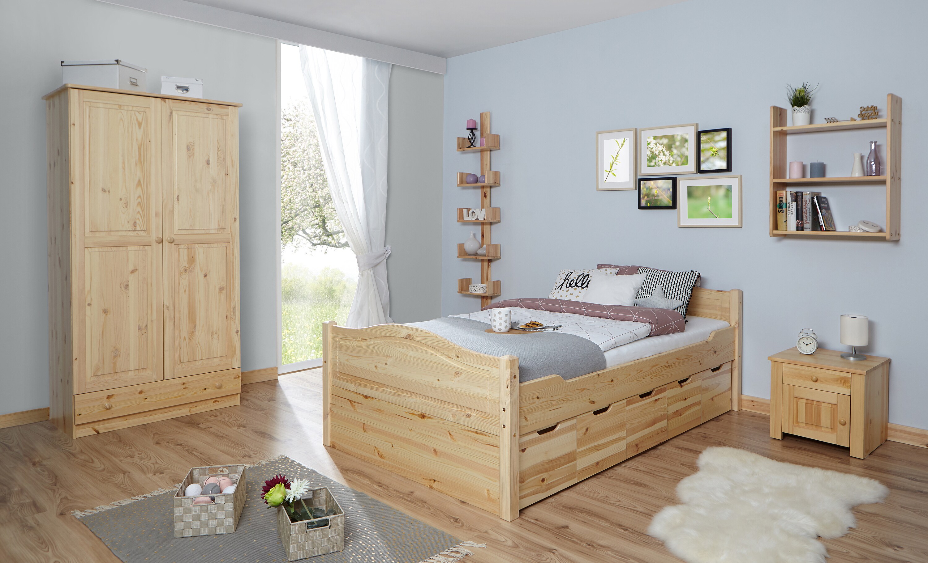 TiCAA Doppelbett "Leni" 140x200 mit 5er Schubk&auml;sten 