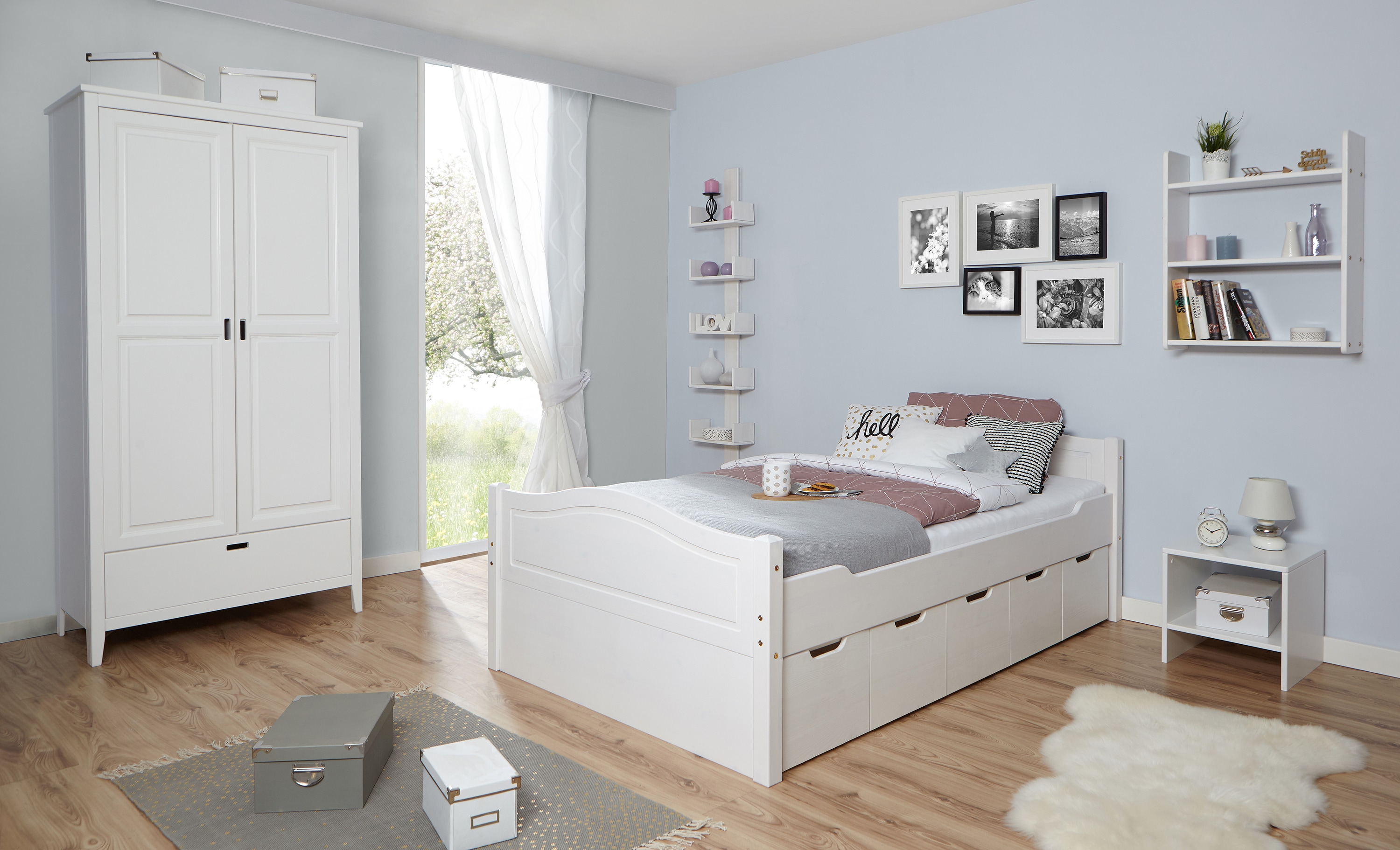 TiCAA Doppelbett "Leni" 140x200 mit 5er Schubk&auml;sten 