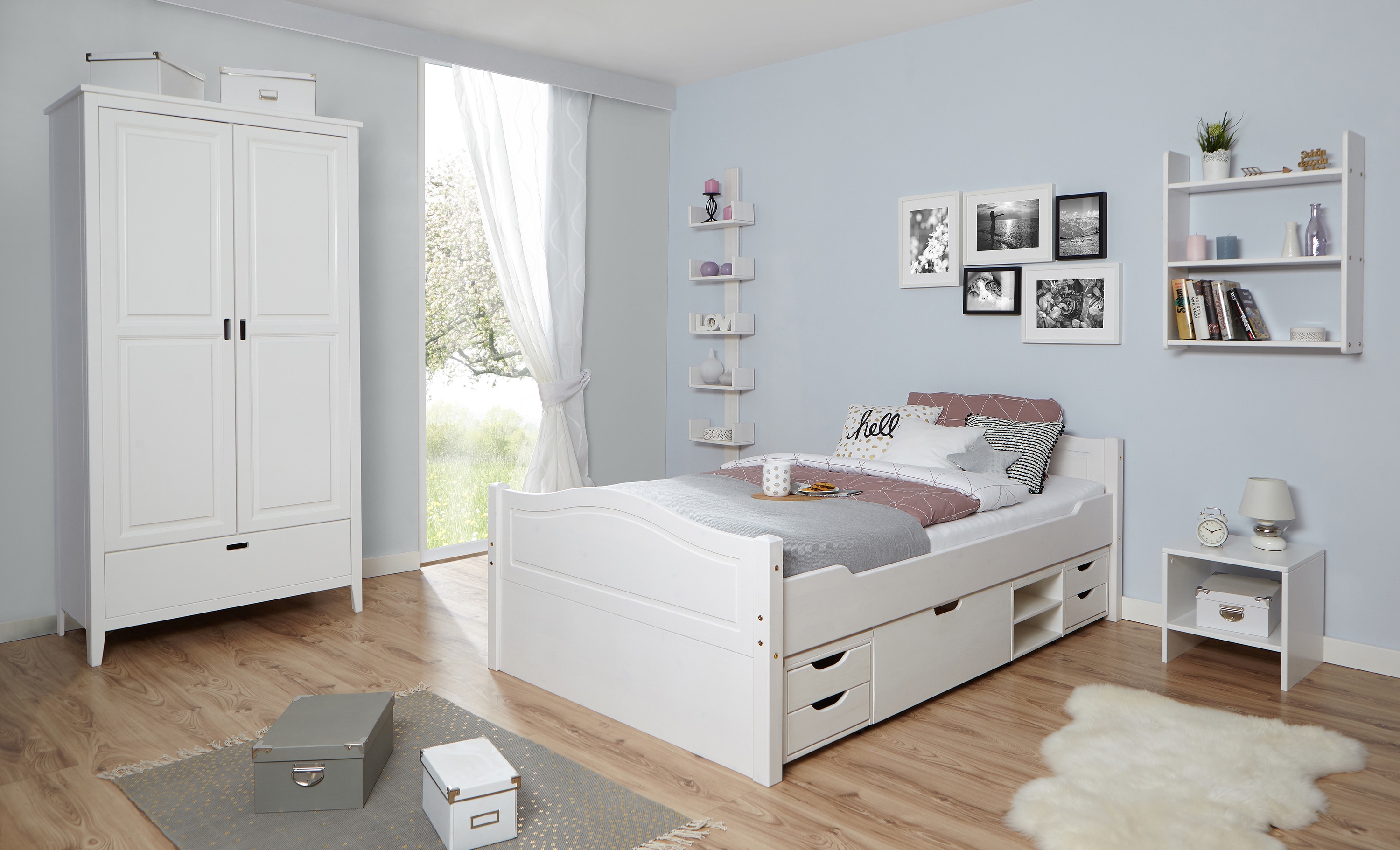 TiCAA Doppelbett "Leni" 140x200 mit 4er Funktionsschubkasten 