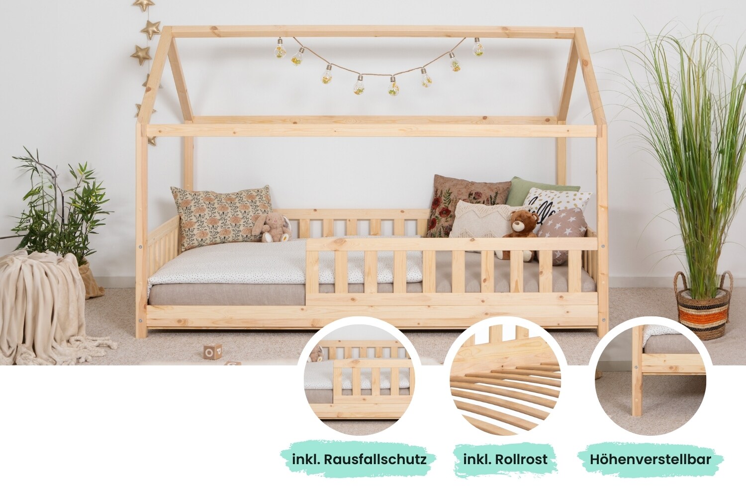 TiCAA Kinderbett Hausbett "Kay" 120x200 Kiefer natur