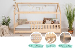 TiCAA Kinderbett Hausbett "Kay" 120x200 Kiefer natur 