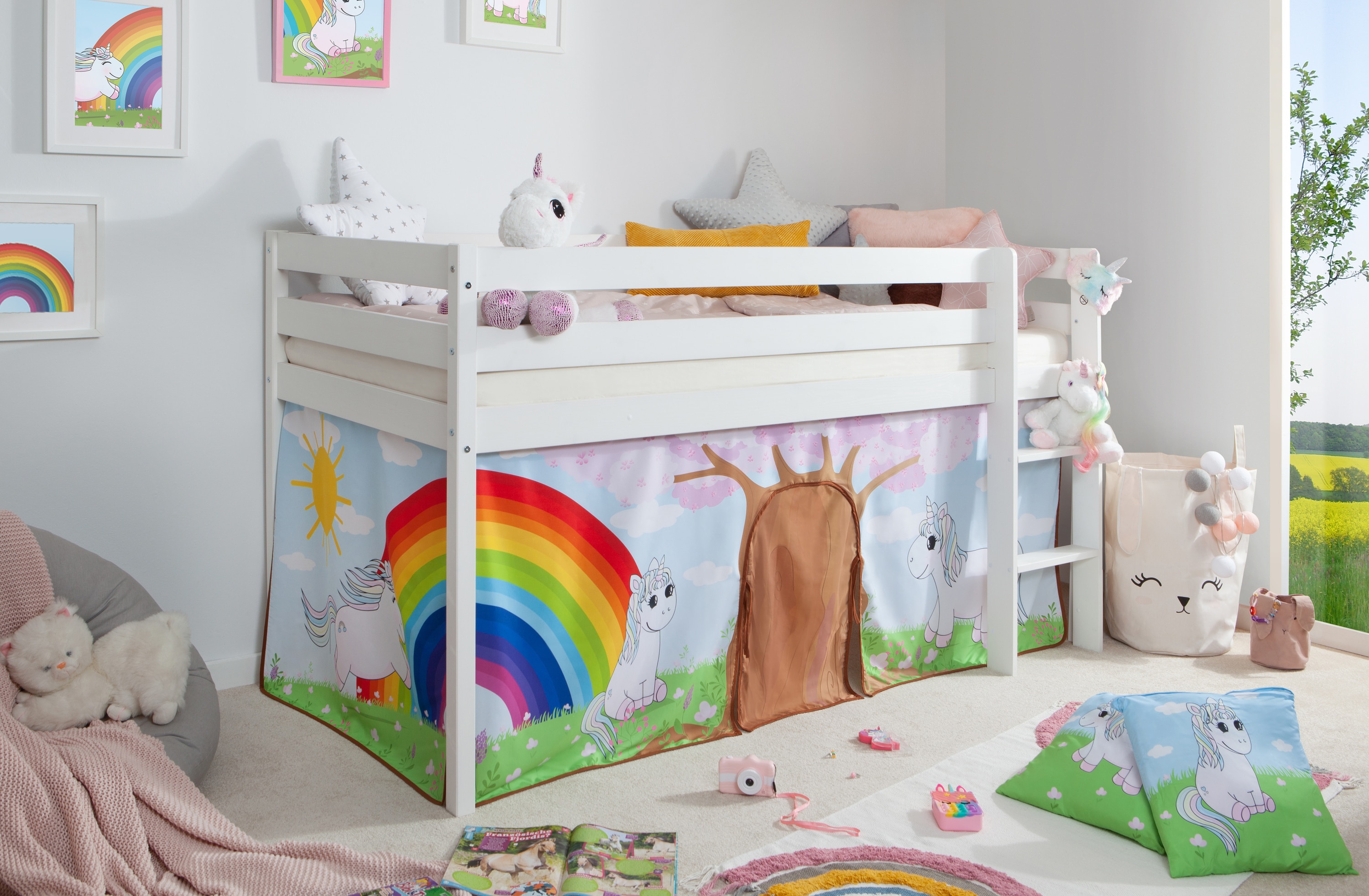 TiCAA Hochbett "Einhorn Rainbow" Kiefer wei&szlig; 
