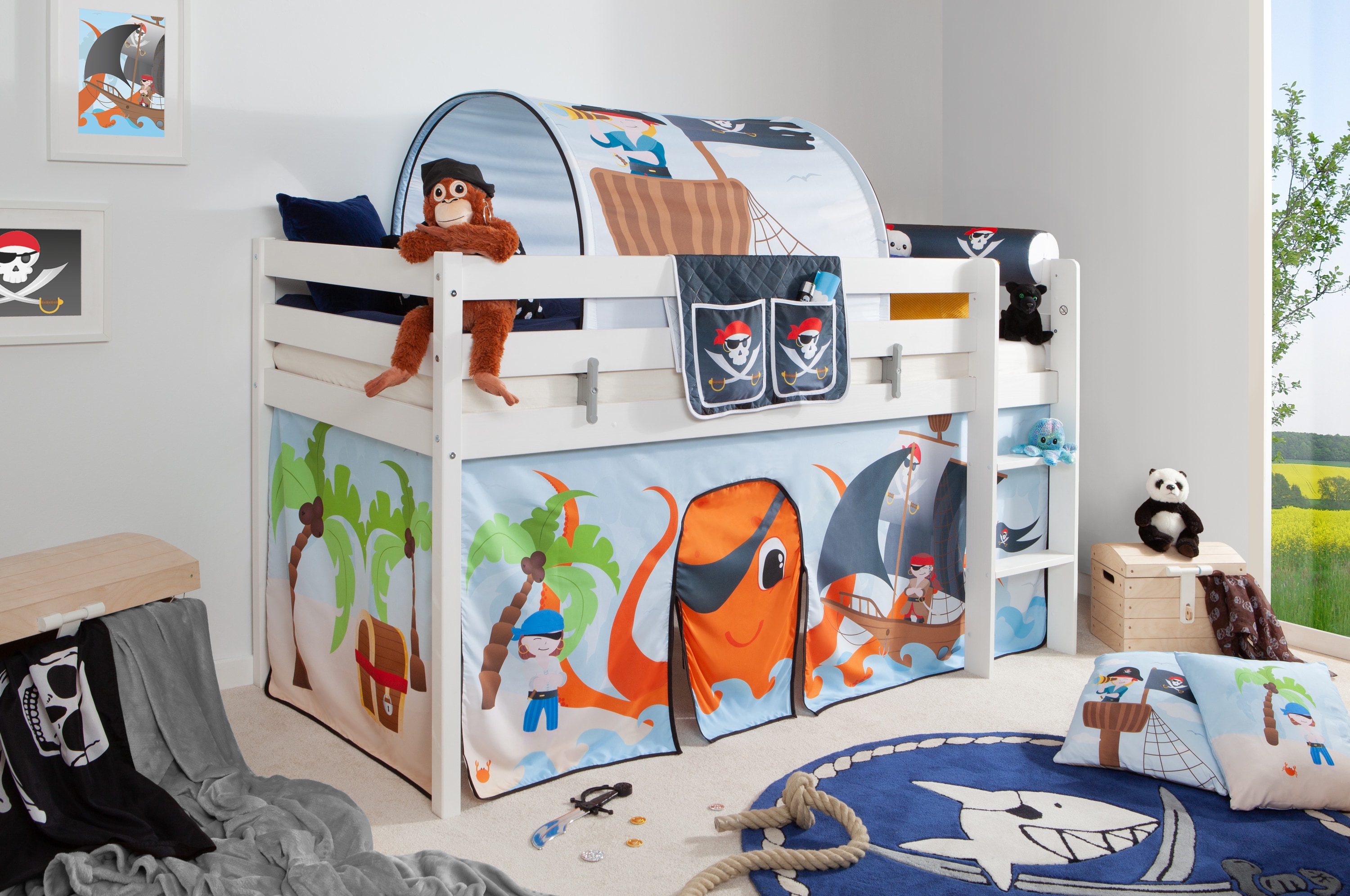 TiCAA Hochbett "Pirat Luan" inkl. Zubeh&ouml;r Kiefer wei&szlig; 