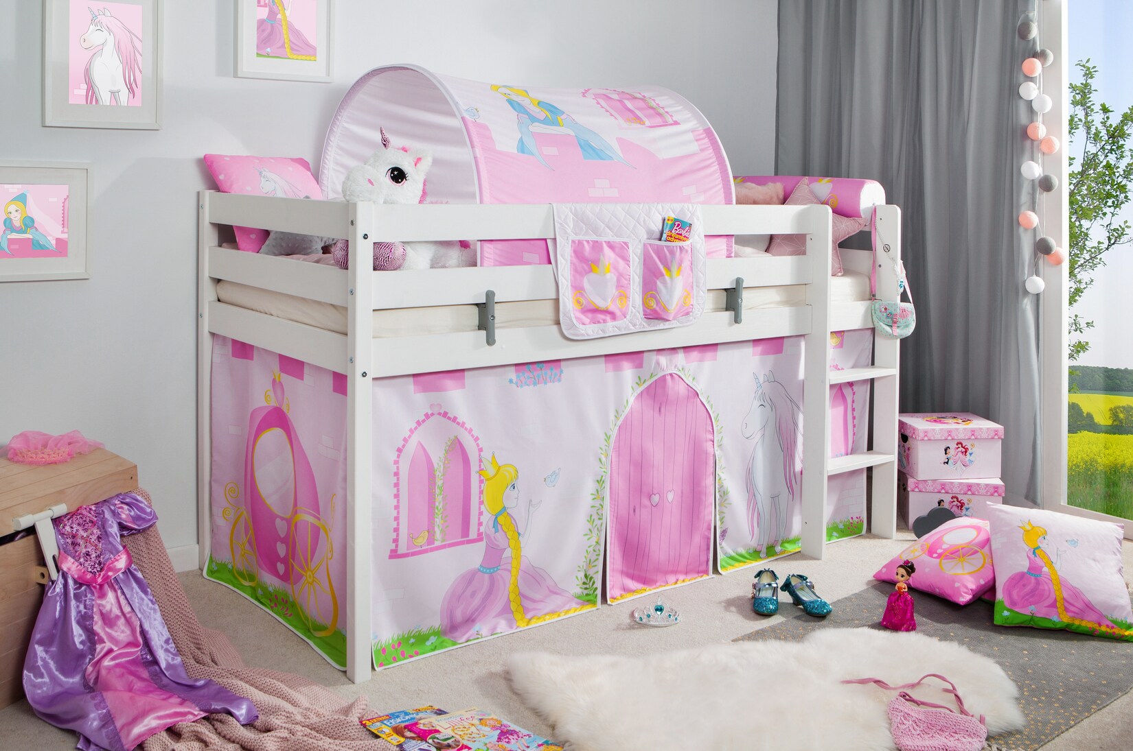 TiCAA Hochbett "Prinzessin Liora" inkl. Zubehör Kiefer weiß