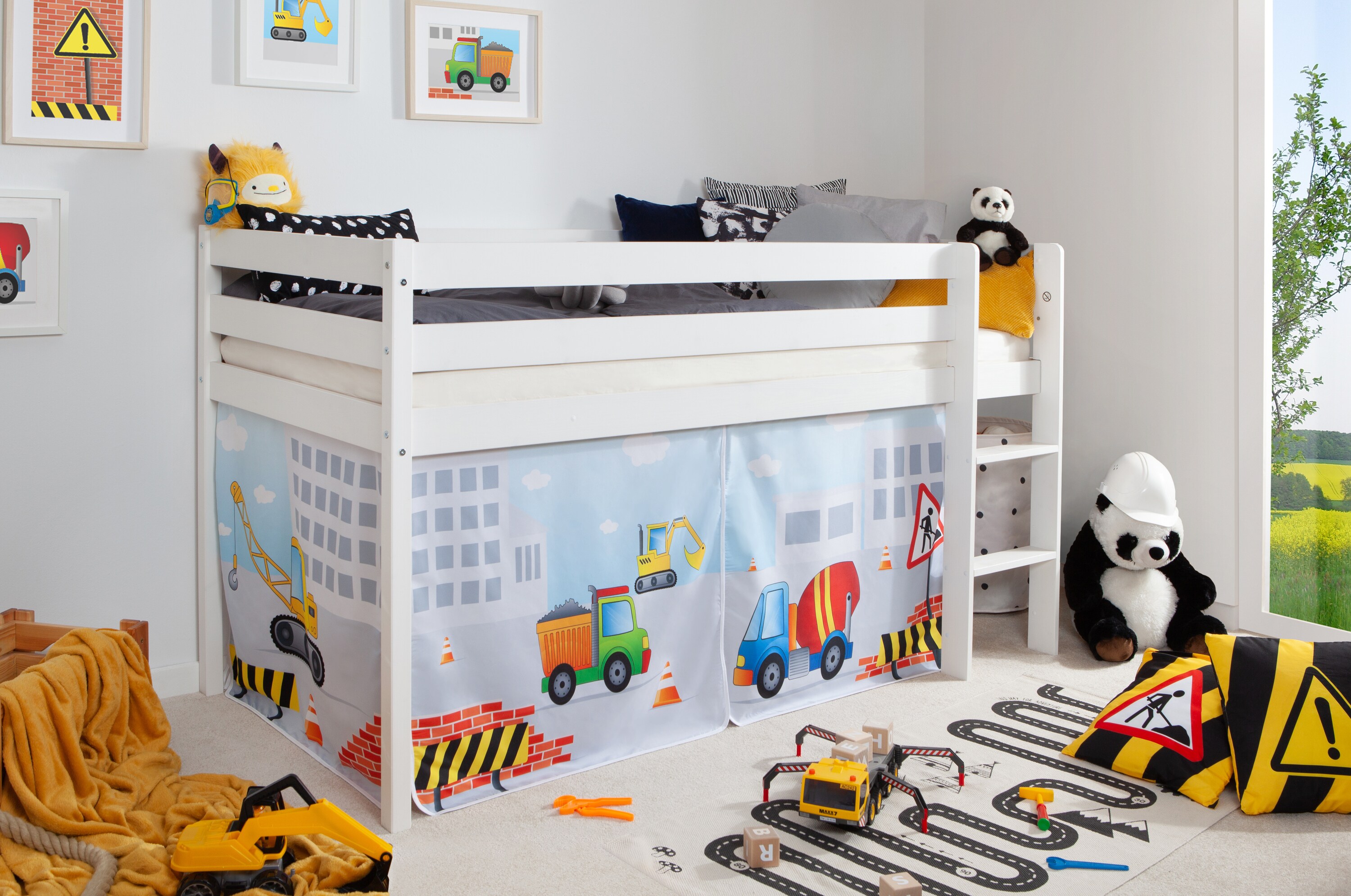 TiCAA Hochbett "Oskars Baustelle" Kiefer wei&szlig; 