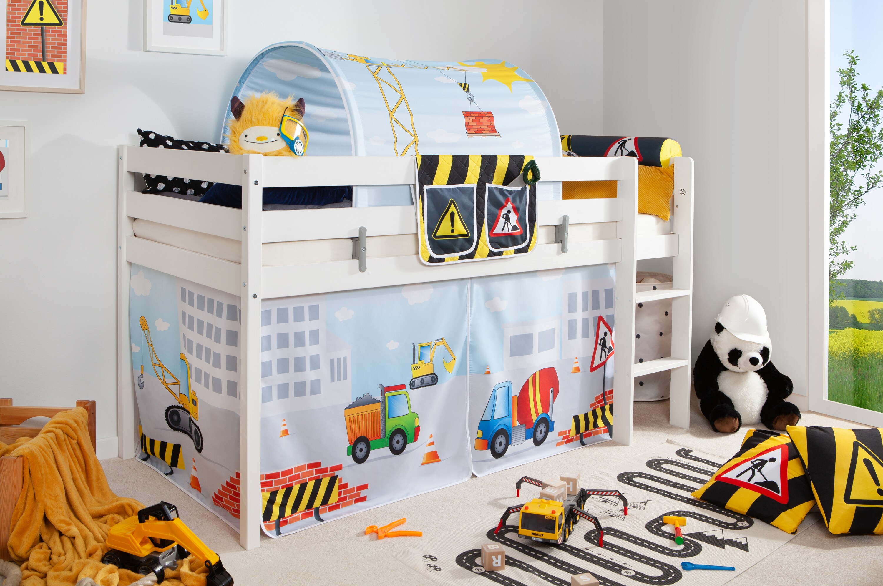 TiCAA Hochbett "Oskars Baustelle" inkl. Zubeh&ouml;r Kiefer wei&szlig; 