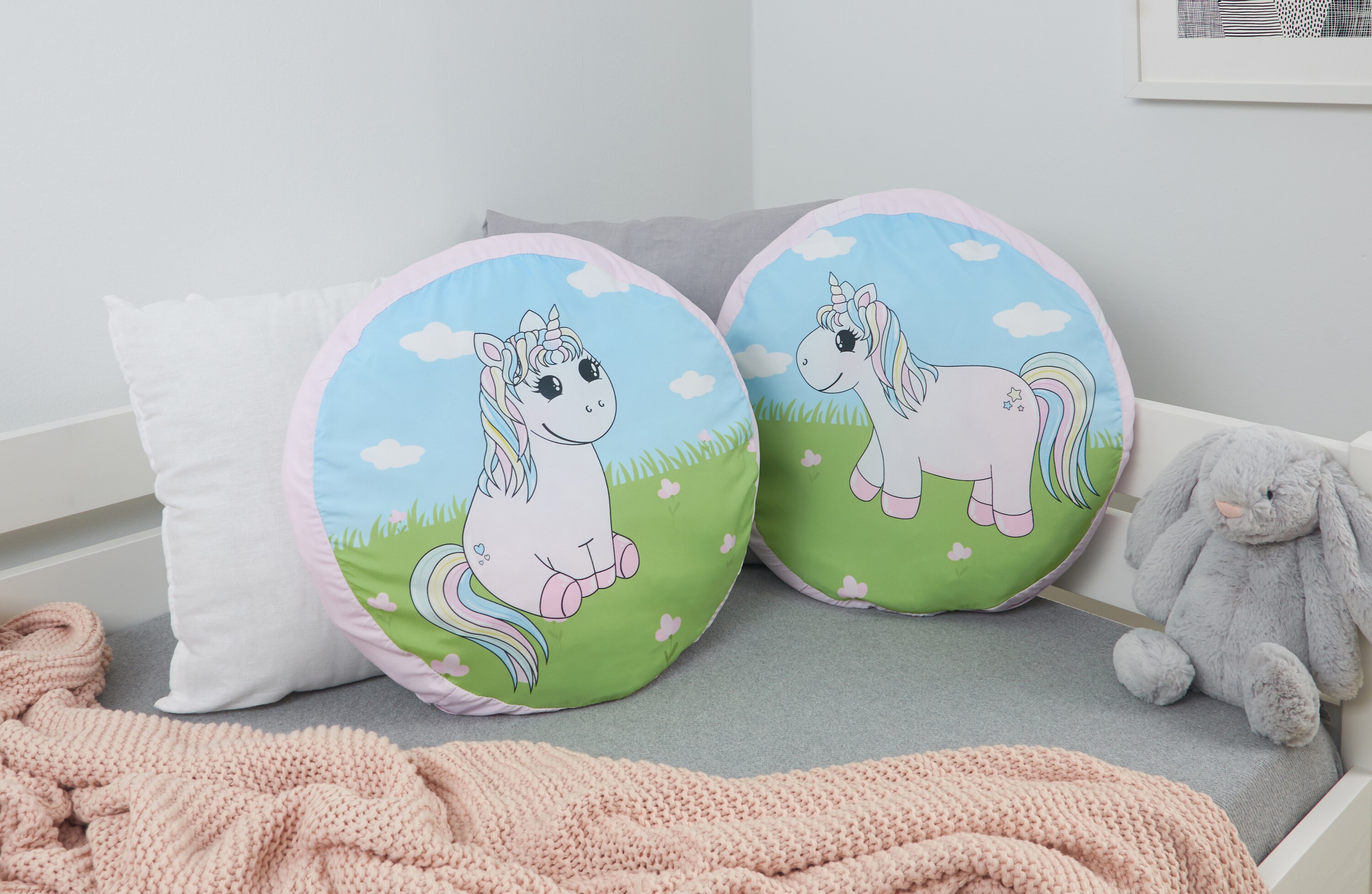 TiCAA Kinder Rundkissen-Set "Einhorn Rainbow" 