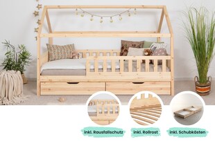 TiCAA Kinderbett Hausbett "Kay" 140x200 inkl. Schubkästen Kiefer natur 