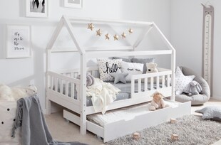 TiCAA Kinderbett Hausbett "Kay" 80x160 inkl. Schubkästen Kiefer weiß 