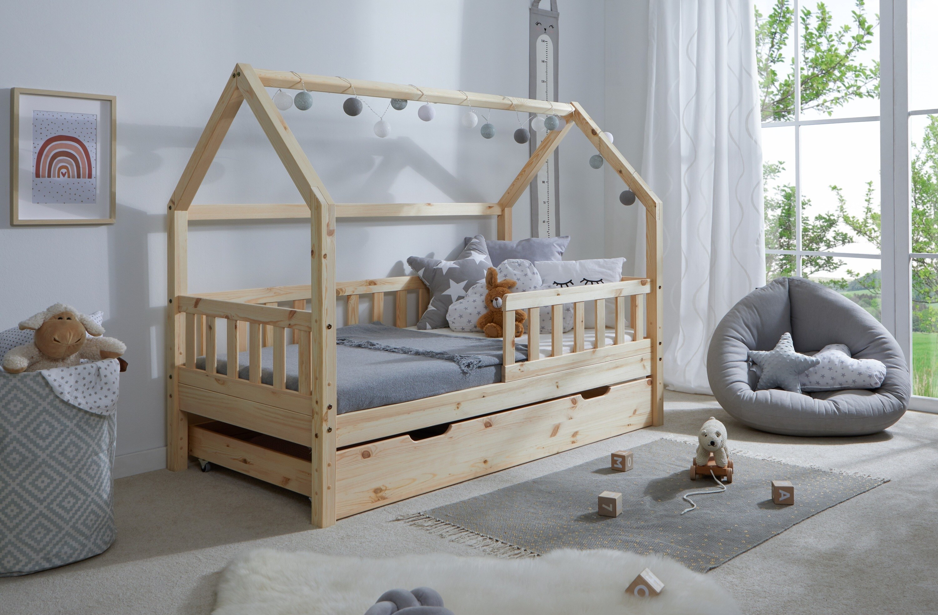 TiCAA Kinderbett Hausbett "Kay" 80x160 inkl. Schubk&auml;sten Kiefer natur 