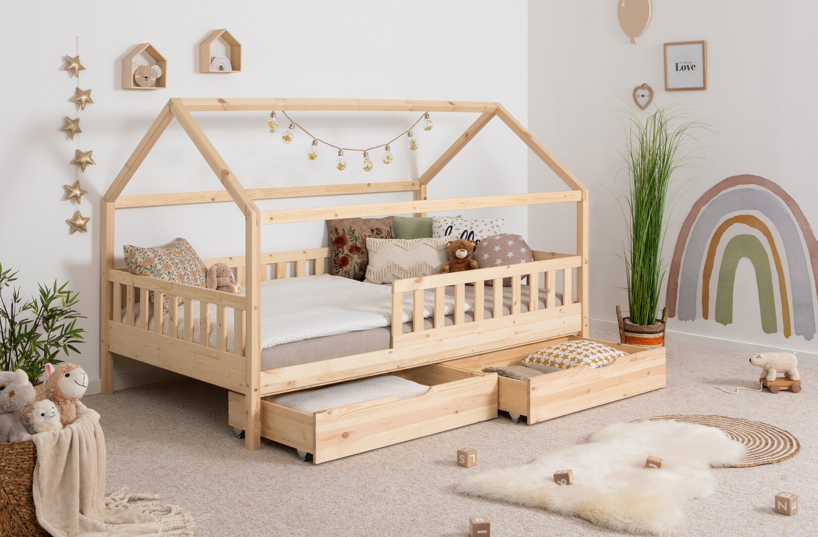 TiCAA Kinderbett Hausbett Montessori Kay 90x200, 100x200 cm, 120x200 cm, 140x200 für Jungen & Mädchen mit Schubladen, Rausfallschutz & …