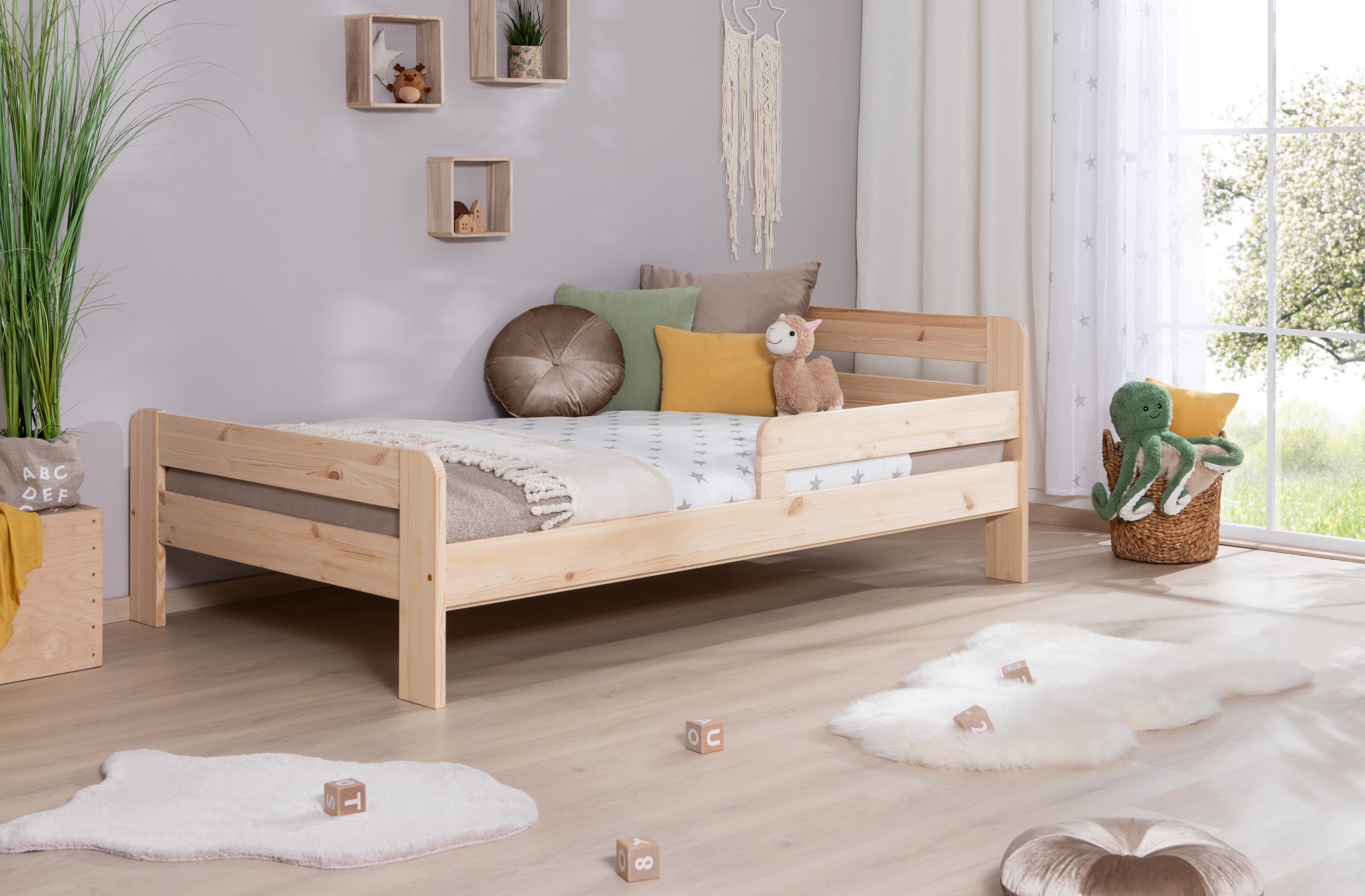 TiCAA Einzelbett Kinderbett Jugendbett, Bennet mit Rausfallschutz & Lattenrost f&uuml;r Schlafzimmer, Kinderzimmer Kiefer Massivholz Bettgestell 90/100/120 x 200 cm 