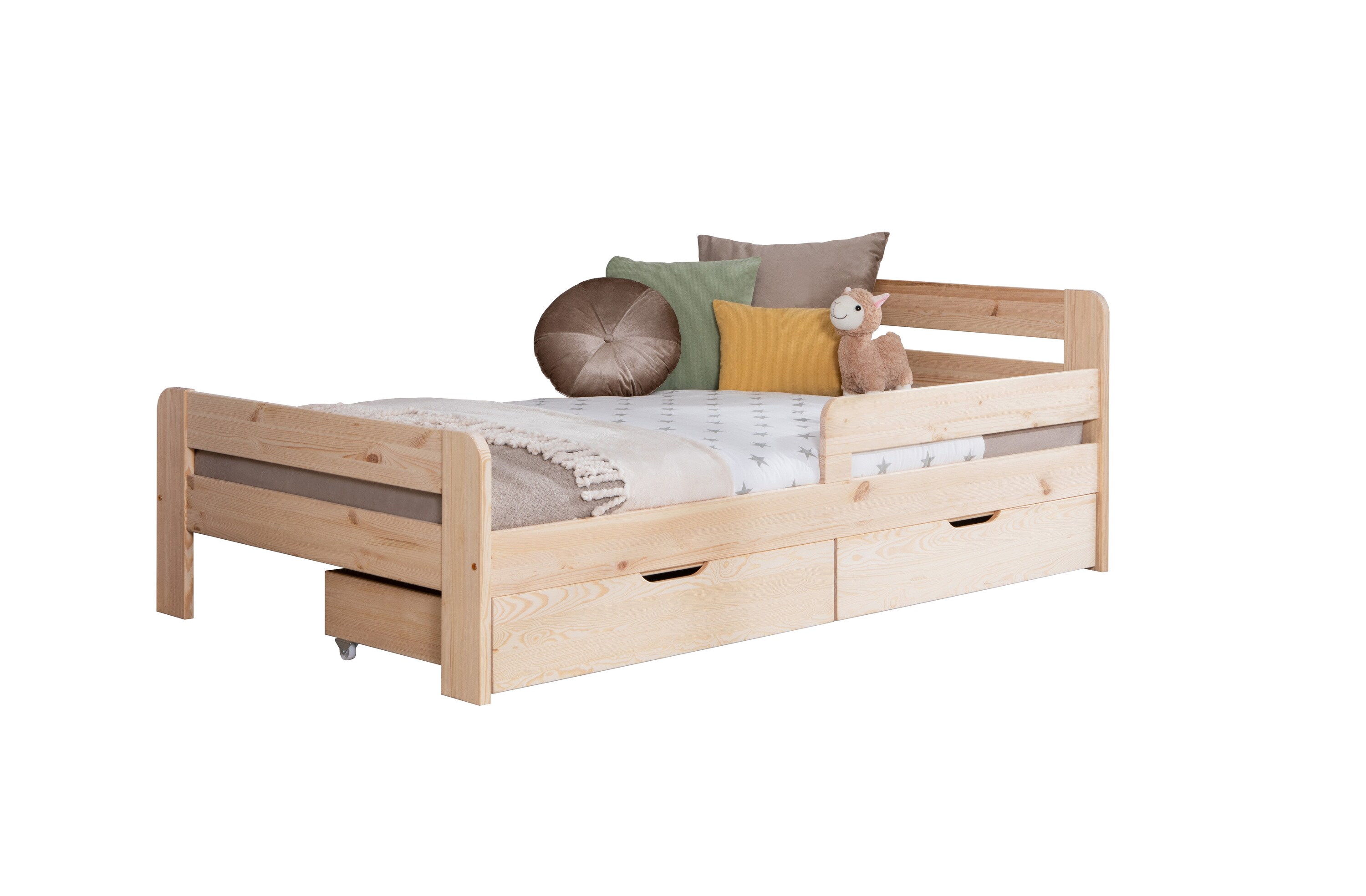 TiCAA Einzelbett Kinderbett Jugendbett, Bennet mit Schubkasten Rausfallschutz f&uuml;r Schlafzimmer, Kinderzimmer Kiefer Massivholz Bettgestell 90/100/120 x 200 cm 