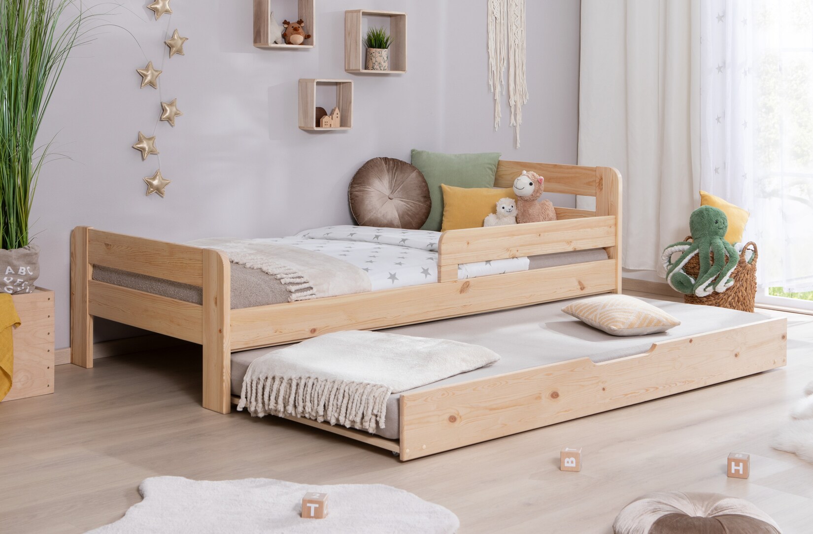 TiCAA Einzelbett Kinderbett Jugendbett, Bennet mit Zusatzbett Rausfallschutz & Lattenrost für Schlafzimmer, Kinderzimmer Kiefer Massivholz Bettgestell 90/100 /120 x 200 cm