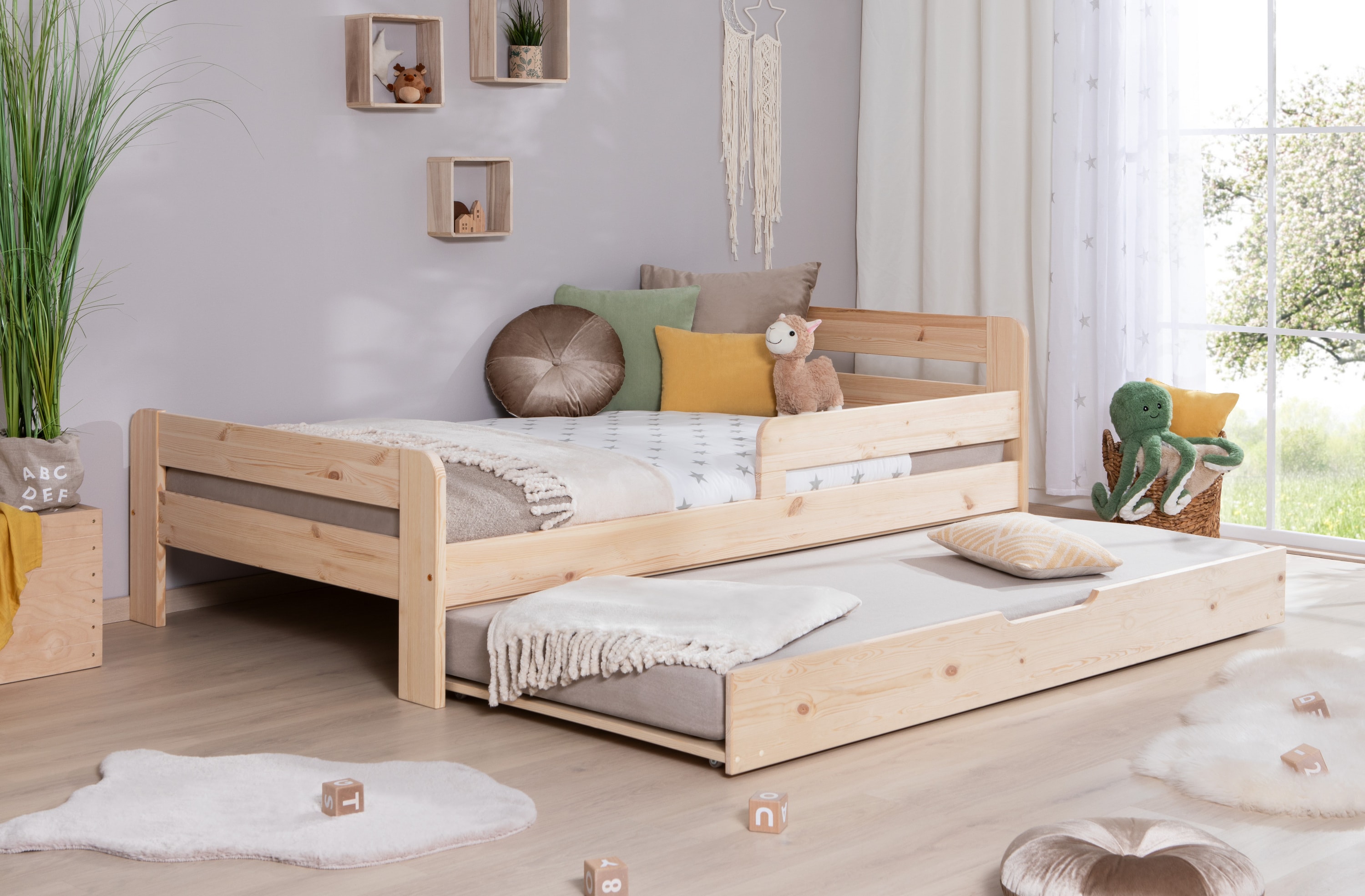 TiCAA Einzelbett Kinderbett Jugendbett, Bennet mit Zusatzbett Rausfallschutz & Lattenrost f&uuml;r Schlafzimmer, Kinderzimmer Kiefer Massivholz Bettgestell 90/100 /120 x 200 cm 