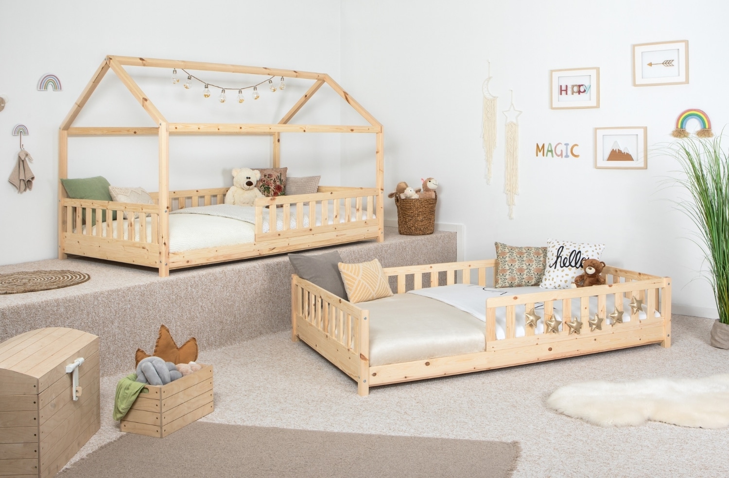 TiCAA 2 in 1 TiCAA Hausbett Bodenbett wandelbar mit abnehmbaren Dach Duo  90x200 cm, 100x200 cm, 120x200 cm, 140x200 f&uuml;r Jungen & M&auml;dchen, inkl. Rolllattenrost, Rausfallschutz variabel, Montessori  Bett wei&szlig; aus Kiefer Massivholz 