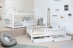 TiCAA 2 in 1 Hausbett Bodenbett wandelbar mit abnehmbaren Dach Duo 90x200, 100x200 cm, 120x200 cm, 140x200 Weiß für Jungen & Mädchen mit Schubladen, Rausfallschutz & Rolllattenrost – aus Kiefer Massivholz 