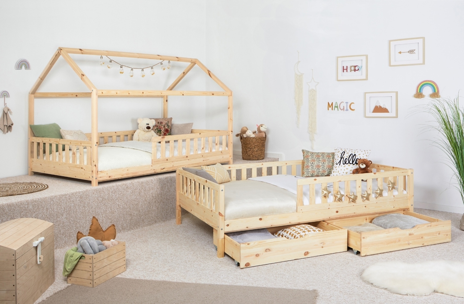 TiCAA 2 in 1 Hausbett Bodenbett wandelbar mit abnehmbaren Dach Duo 90x200, 100x200 cm, 120x200 cm, 140x200 Weiß für Jungen & Mädchen mit …