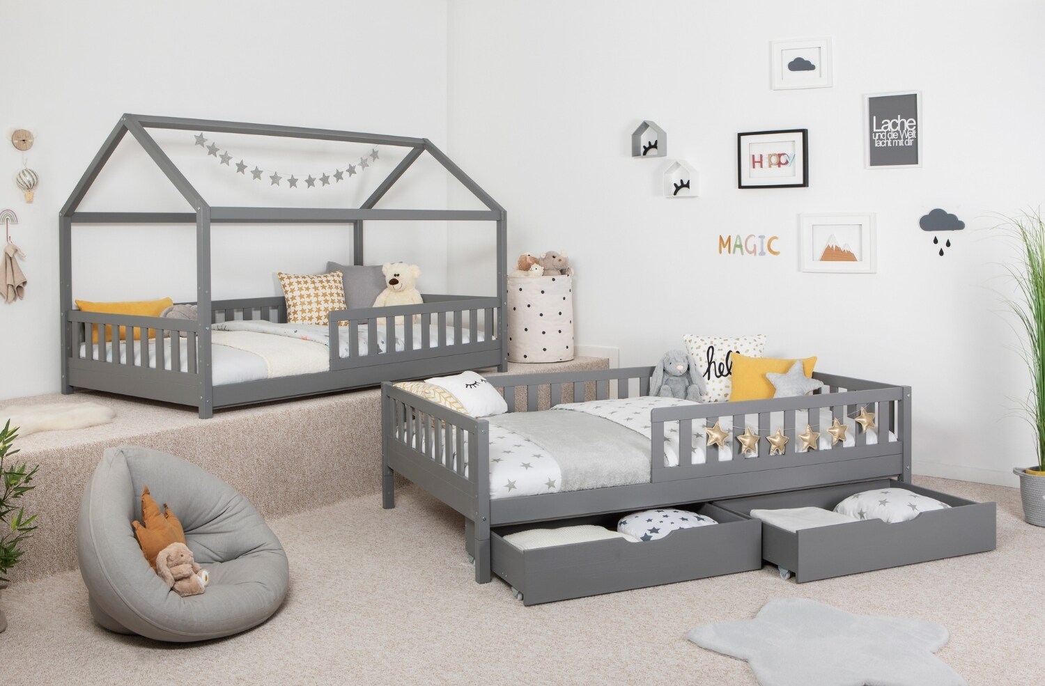 TiCAA 2 in 1 Hausbett Bodenbett wandelbar mit abnehmbaren Dach Duo 90x200, 100x200 cm, 120x200 cm, 140x200 Wei&szlig; f&uuml;r Jungen & M&auml;dchen mit Schubladen, Rausfallschutz & Rolllattenrost &ndash; aus Kiefer Massivholz 