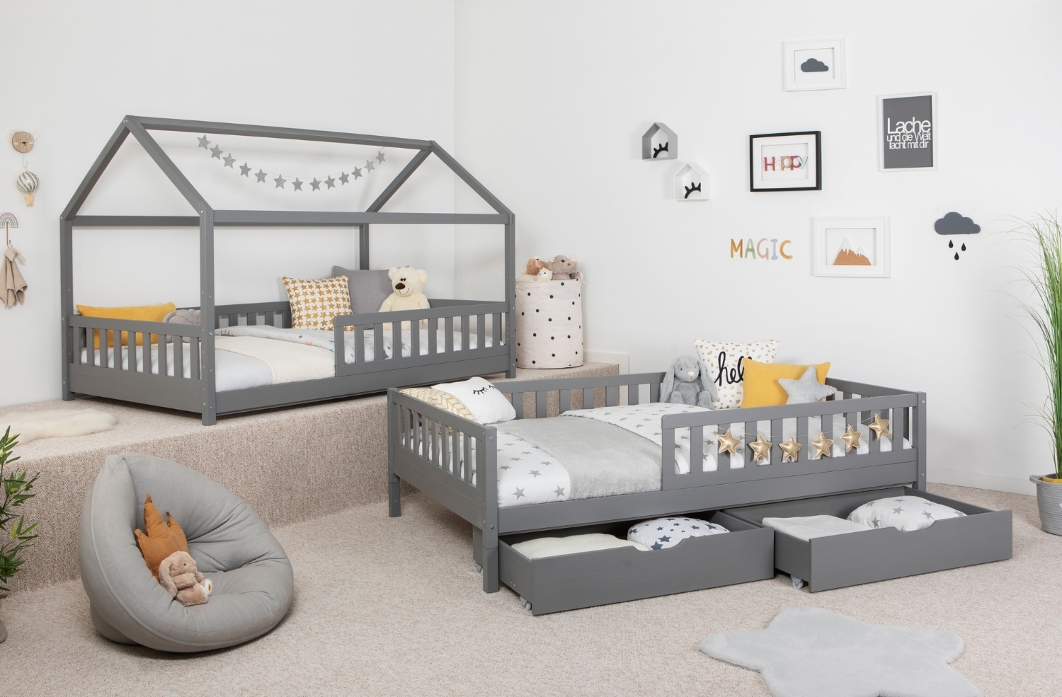 TiCAA 2 in 1 Hausbett Bodenbett wandelbar mit abnehmbaren Dach Duo 90x200, 100x200 cm, 120x200 cm, 140x200 Weiß für Jungen & Mädchen mit …