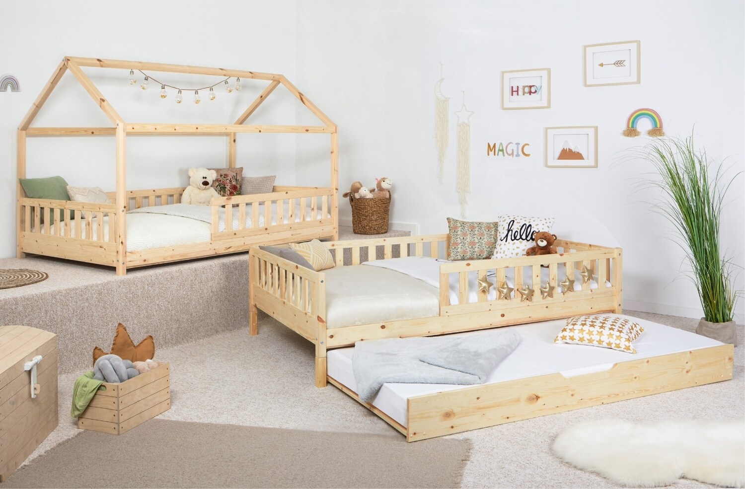 TiCAA 2 in 1 Hausbett Bodenbett wandelbar mit abnehmbaren Dach Duo 90x200, 100x200 cm, 120x200 cm, 140x200 Wei&szlig; f&uuml;r Jungen & M&auml;dchen mit Zusatzbett, Rausfallschutz & Rolllattenrost &ndash; aus Kiefer Massivholz 