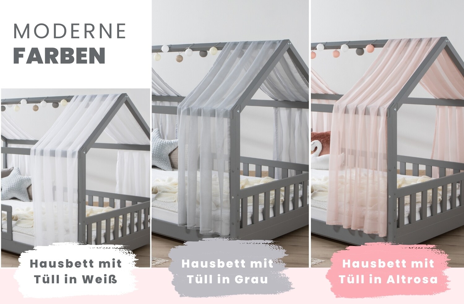 TiCAA Hausbett mit T&uuml;ll Kim 90x200 cm, 100x200 cm, 120x200 cm, 140x200 f&uuml;r Jungen & M&auml;dchen, inkl. Rolllattenrost, Rausfallschutz variabel, Montessori Bett Hellgrau aus Kiefer Massivholz 