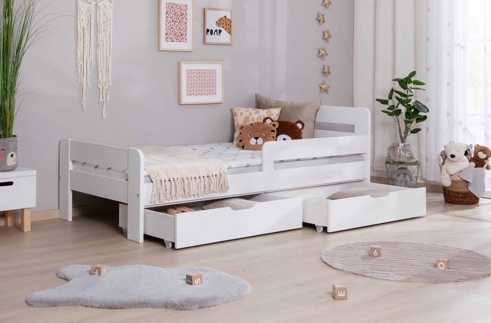 TiCAA Einzelbett Kinderbett Jugendbett, Bennet mit Schubkasten Rausfallschutz für Schlafzimmer, Kinderzimmer Kiefer Massivholz Bettgestell 90/100/120 x 200 cm