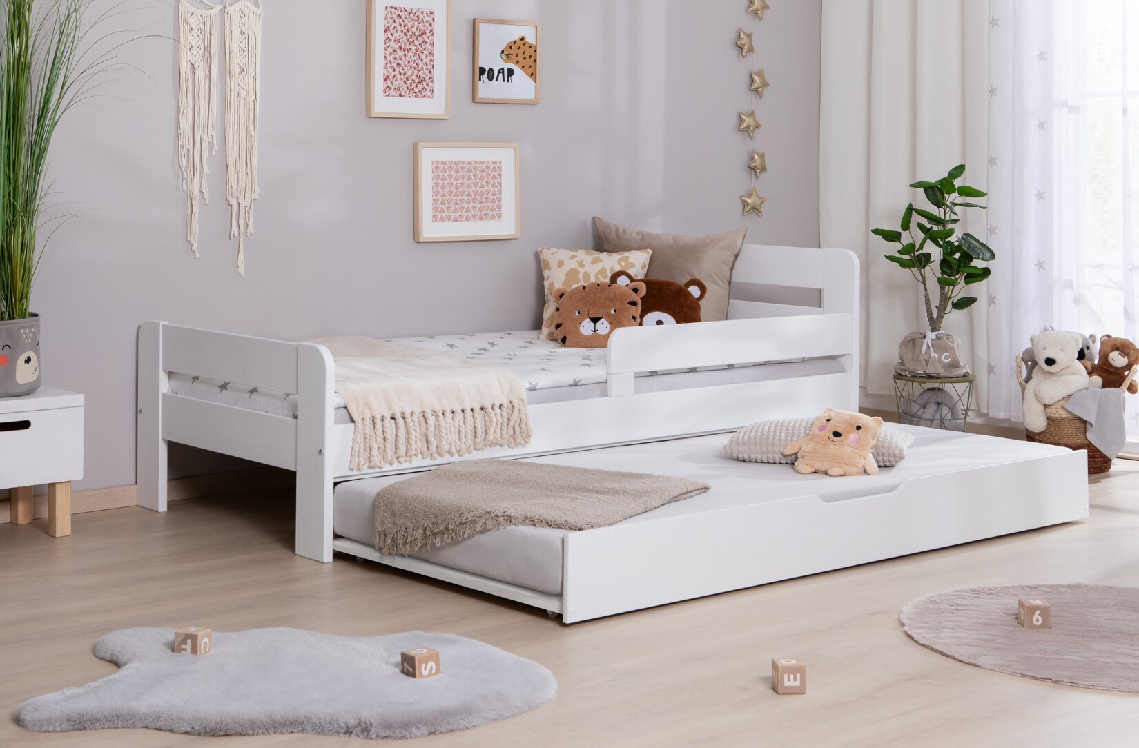 TiCAA Einzelbett Kinderbett Jugendbett, Bennet mit Zusatzbett Rausfallschutz & Lattenrost für Schlafzimmer, Kinderzimmer Kiefer Massivholz Bettgestell 90/100 /120 x 200 cm