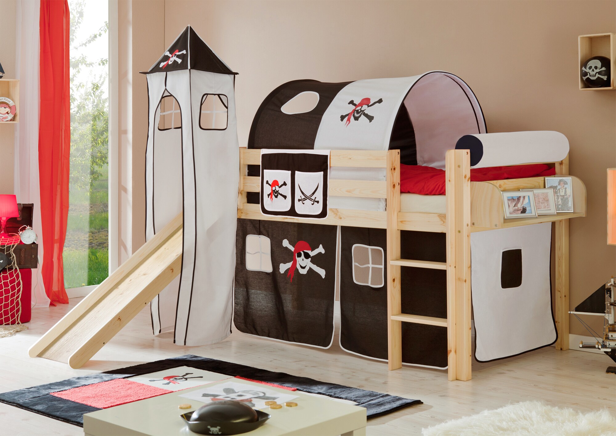 TiCAA Rutschbett mit Turm "Kasper" Kiefer Natur Motiv 