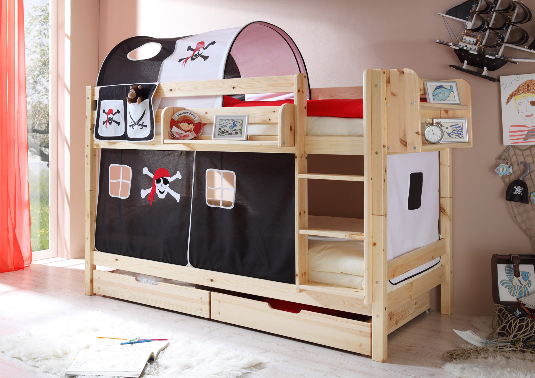 TiCAA Etagenbett "Marcel" Kiefer Natur Motiv 