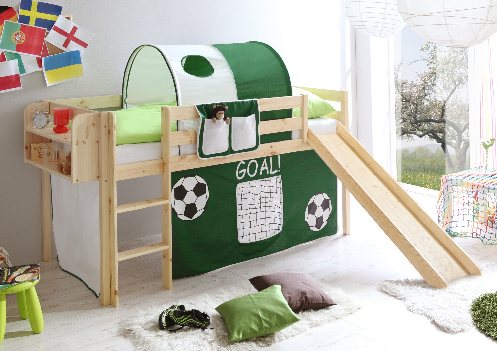 TiCAA Rutschbett "Manuel" Kiefer Natur GOAL inkl. Vorhang 