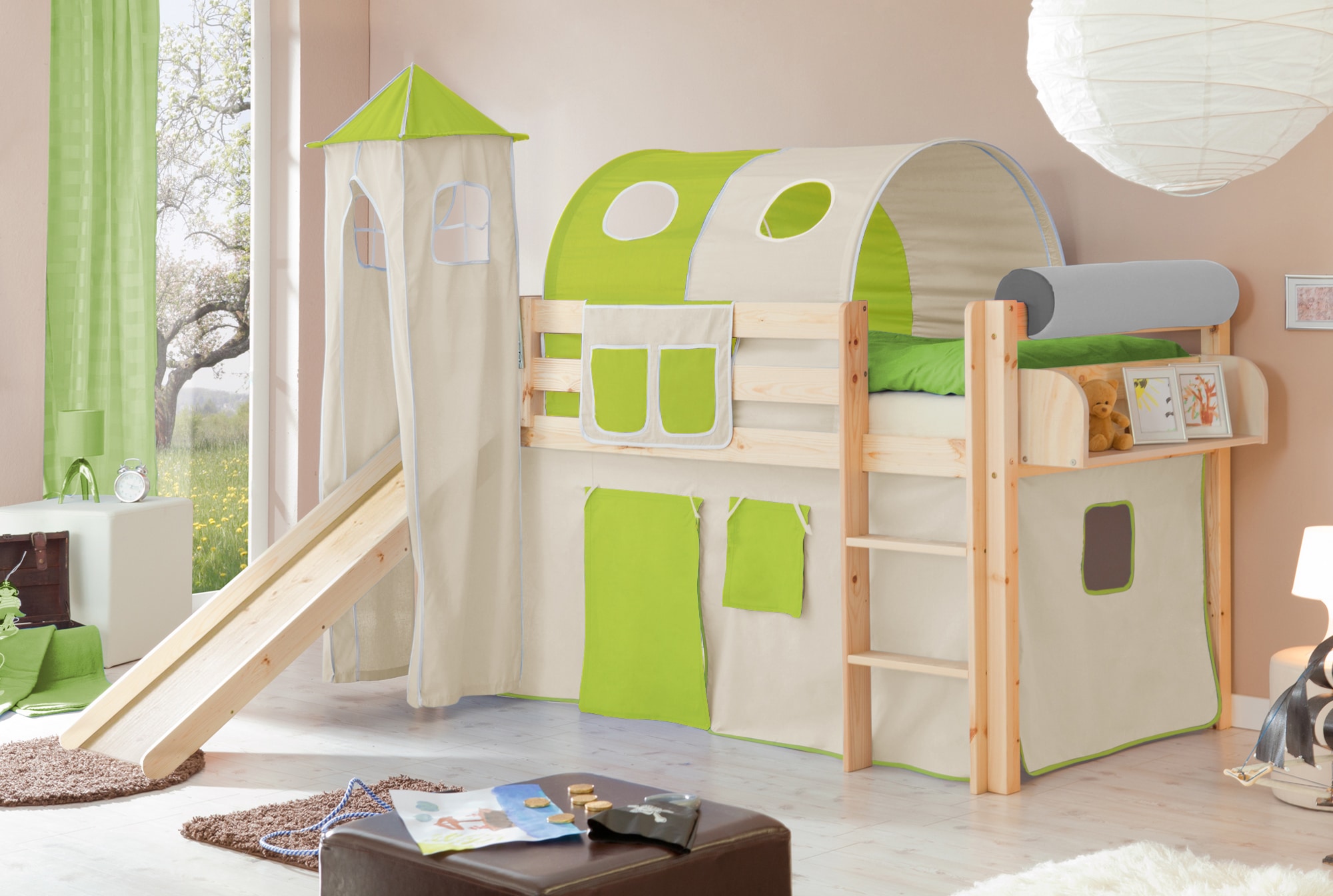 TiCAA Rutschbett mit Turm "Kasper" Kiefer Natur Classic 