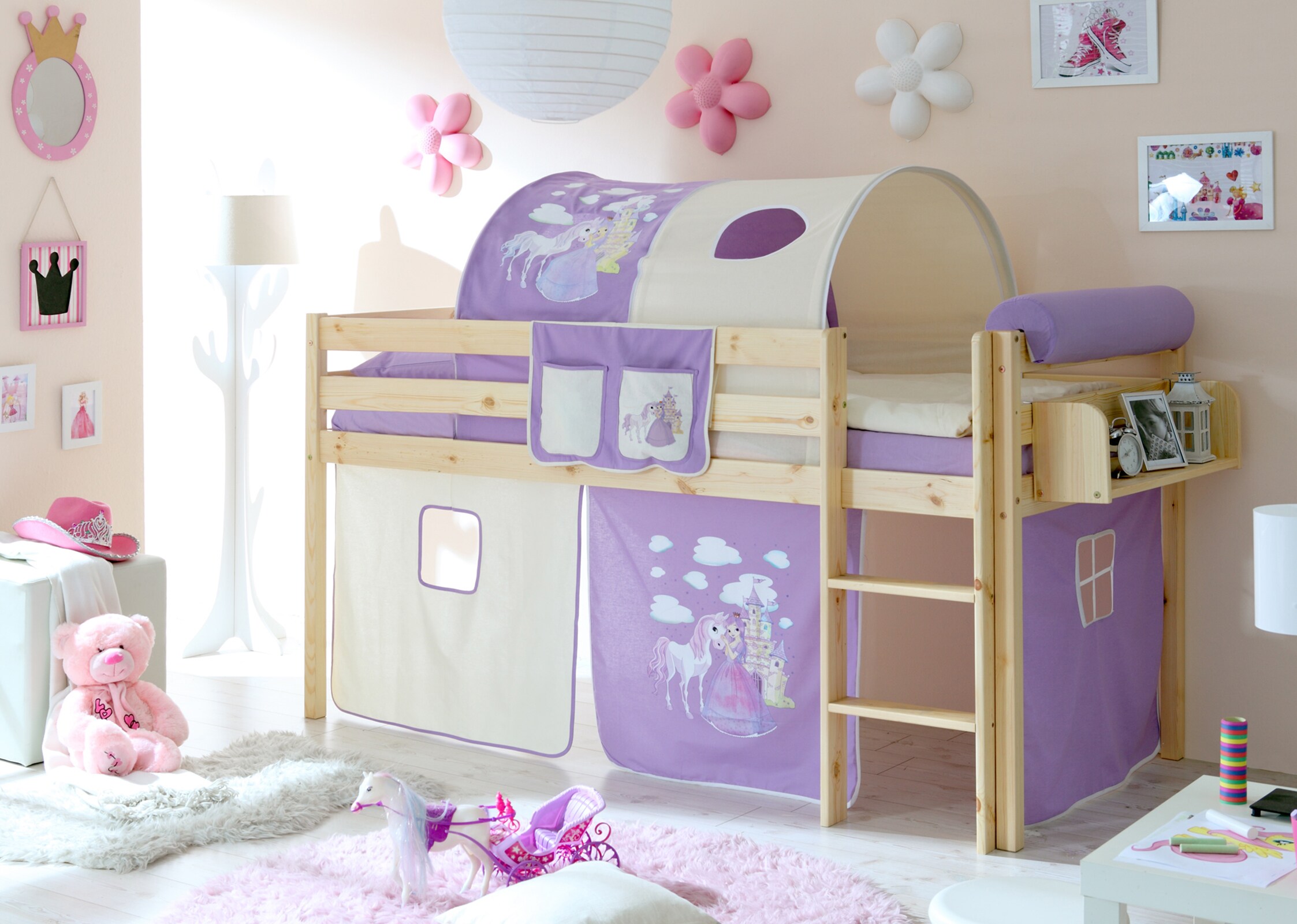 TiCAA Hochbett "Malte" Kiefer Natur Motiv Hochbett mit Leiter, 90 x 200 cm 