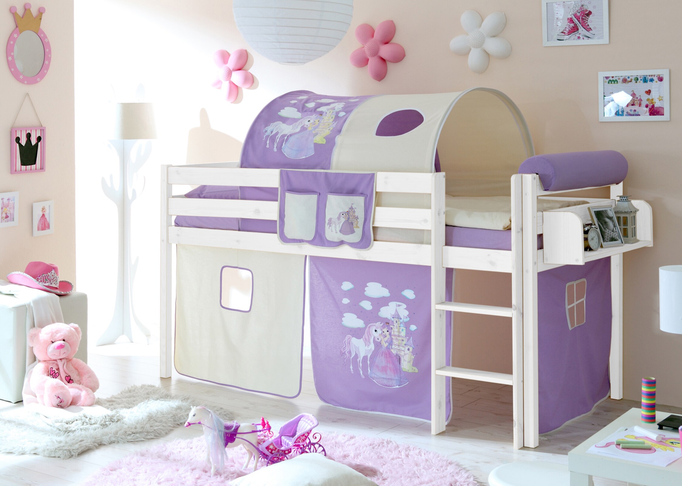 TiCAA Hochbett "Malte" Kiefer Wei&szlig; Motiv 