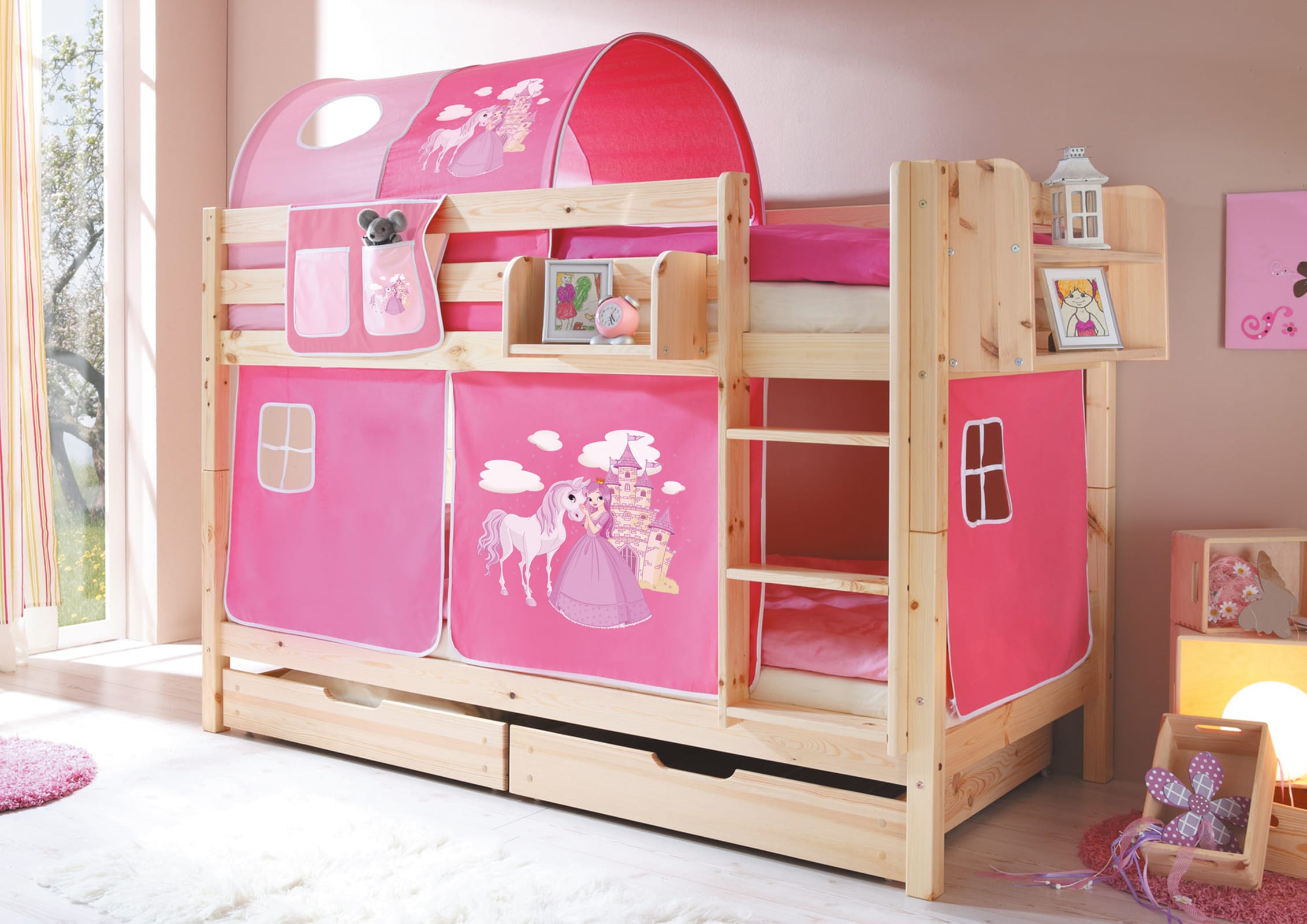 TiCAA Etagenbett "Marcel" Kiefer Natur Motiv 