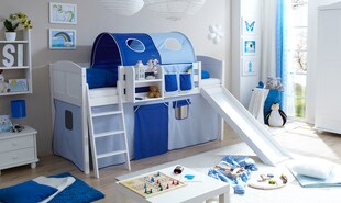 TiCAA Hochbett mit Rutsche Rutschbett "Ekki" Country Kiefer Weiß Classic 