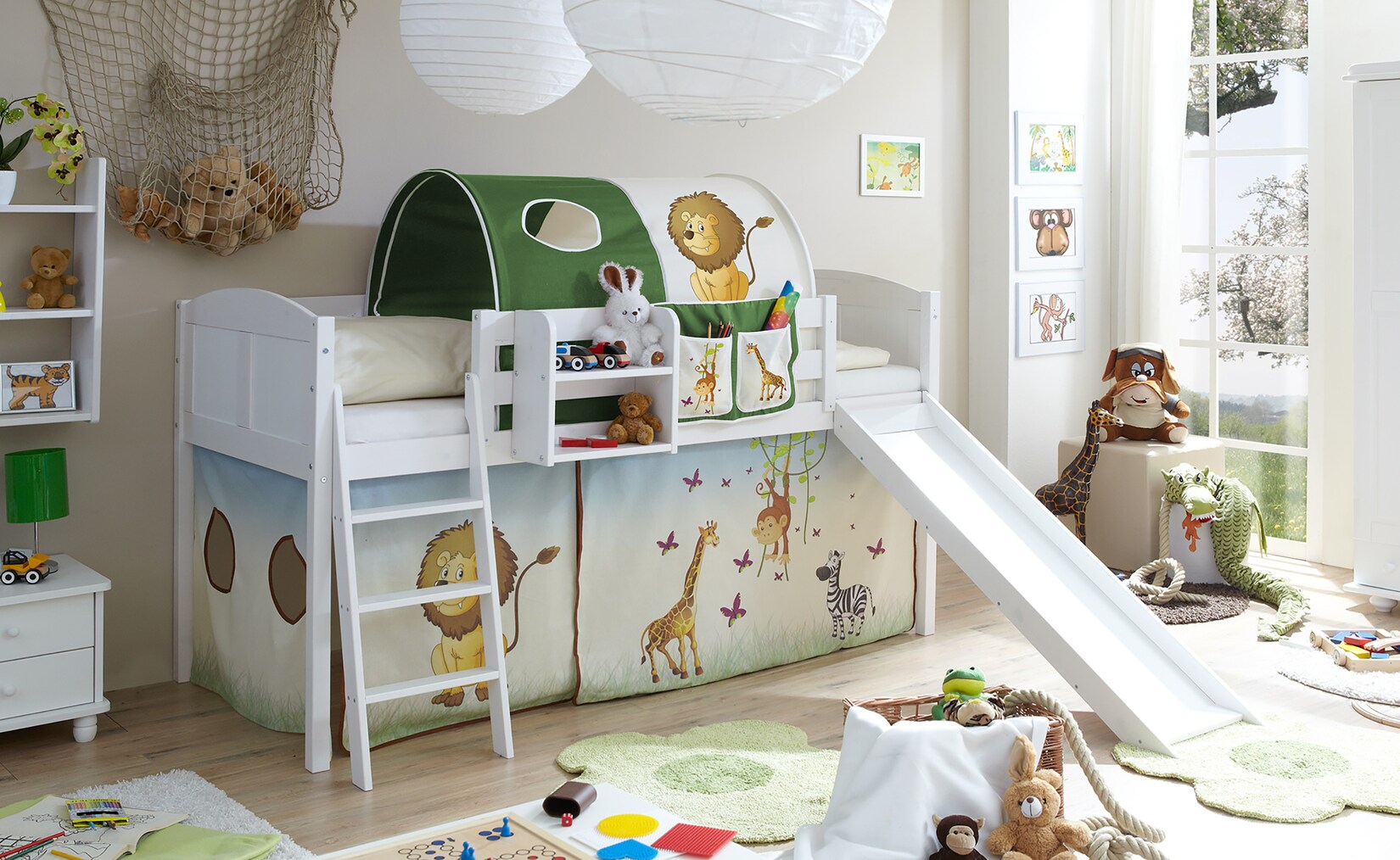 TiCAA Hochbett mit Rutsche Rutschbett "Ekki" Country Kiefer Weiß Motiv
