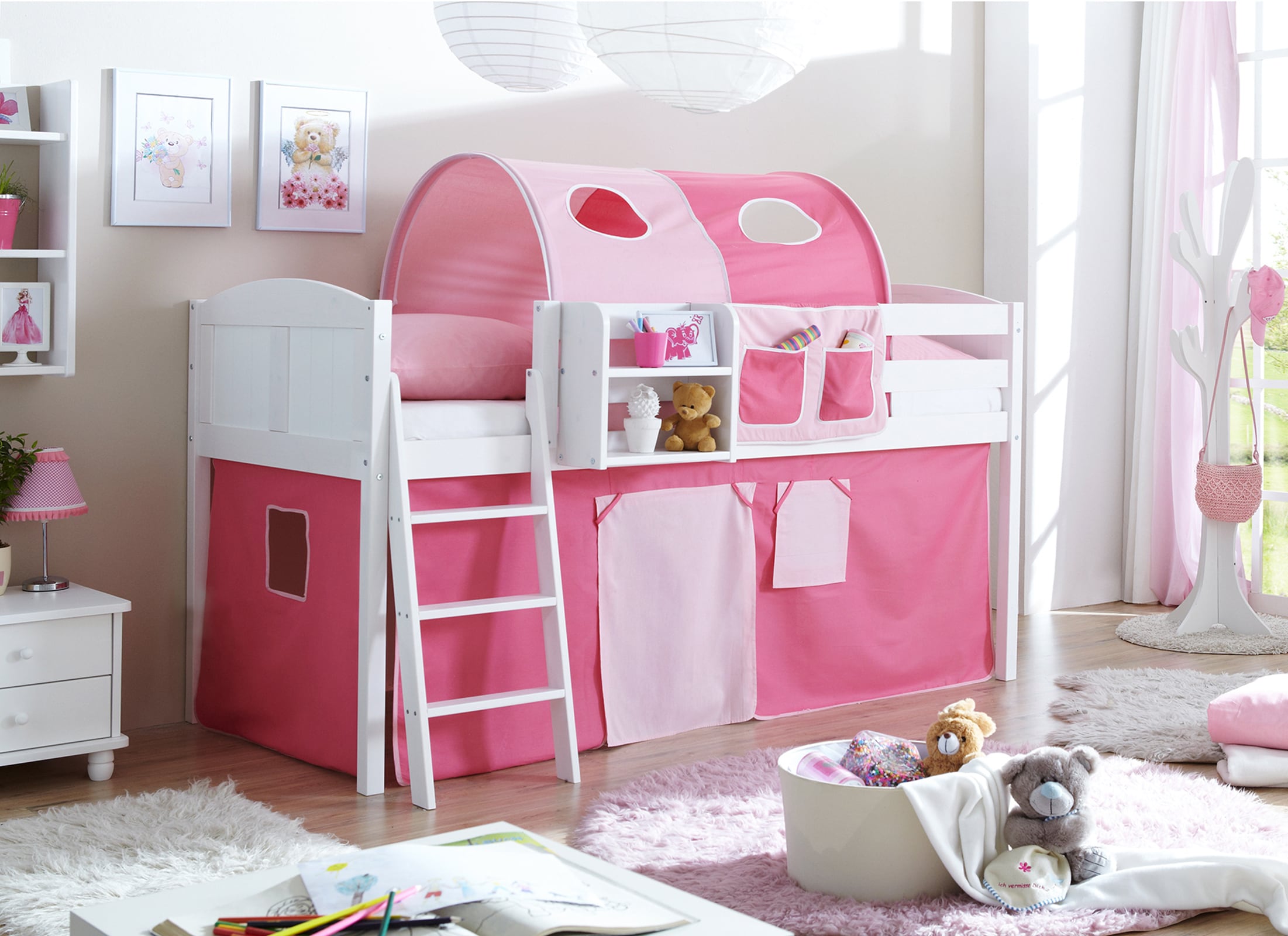 TiCAA Hochbett "Eric" Country Kiefer Wei&szlig; Classic 