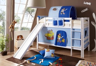 TiCAA Etagenbett mit Rutsche "Lupo" Buche massiv Weiß Motiv 