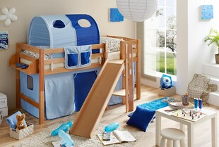 TiCAA Hochbett mit Rutsche Podestbett "Tino" Buche Natur Classic teilbar mit Farbauswahl 
